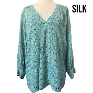 Joie SILK Long Sleeve Green Blue White Floral V Neck Blouse Top Shirt XS